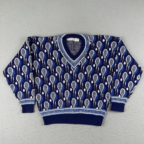 Other - Vintage Tennis Sweater Men's Medium Blue AOP Racket V Neck Knit Pullover